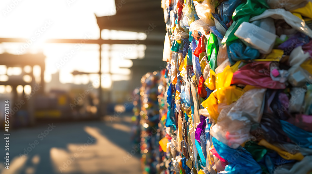 Fototapeta premium Stacked bales of colorful plastic waste under the sunlight symbolize pressing environmental issues. The plastic blocks are prepped for recycling or repurposing.