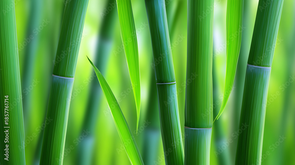 Obraz premium fresh bamboo stems and leaves in natural environment, tranquil zen atmosphere, spa wellness concept, eco nature background, tropical plant growth and greenery for relaxation themes