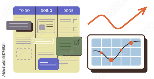 Task management board with columns for workflow stages and graph displaying progress and upward growth. Ideal for project management, productivity, analysis, planning, teamwork, data tracking, simple