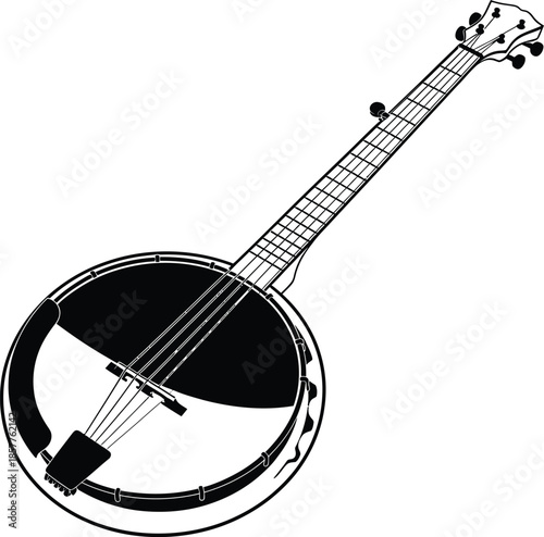 Solid white silhouette of banjo body with five strings, folk music instrument