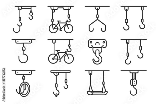 Bike vector hook ceiling frame gear icon cable lift guide pulley icons