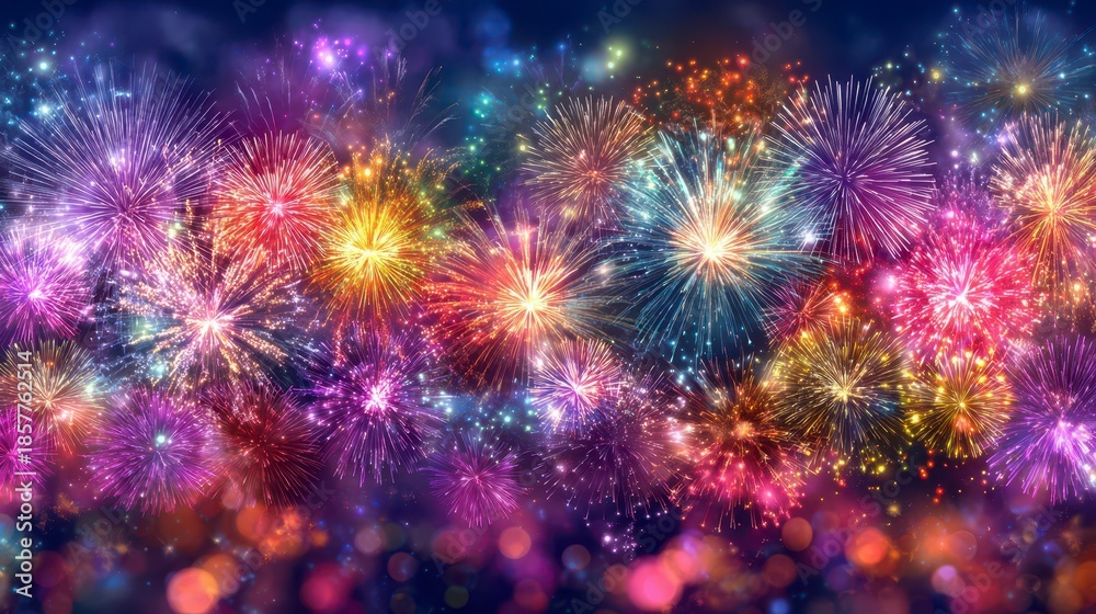 Fototapeta premium A vibrant display of colorful explosions illuminates a dark background, showcasing bursts of light in various hues