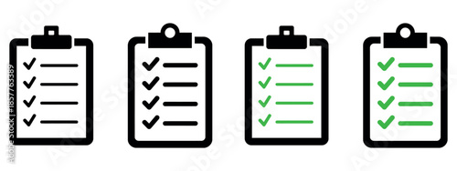 Four clipboards with checklists in black and green.