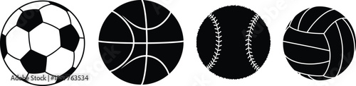 Silhouette vector set of 5 sports balls soccer basketball baseball tennis and volleyball