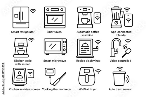 Display recipe smart refrigerator screen automatic oven kitchen vector assistant icon
