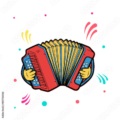 Halftone pop art dot red and blue accordion musical instrument with yellow bellows and confetti vector illustration