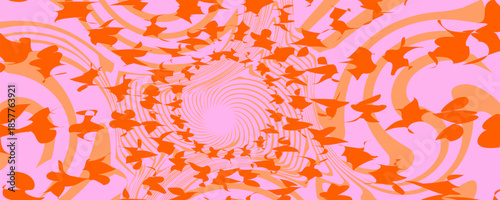 Optical illusion background. Red and pink abstract distorted wavy lines surface. Radial waves poster design. Trippy sunburst illusion wallpaper