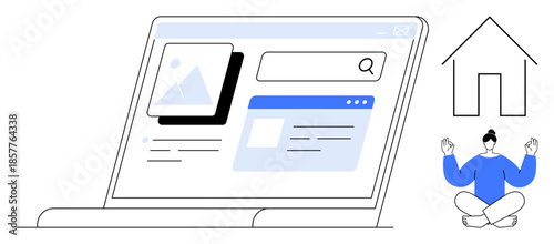 Remote work, meditation, relaxation, technology, online browsing, work-life balance. Open laptop showing a search bar interface and person meditating next to a home icon. Remote work and meditation