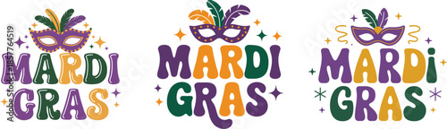 Colorful Mardi Gras Festival Typography Set with Carnival Masks and Feathers