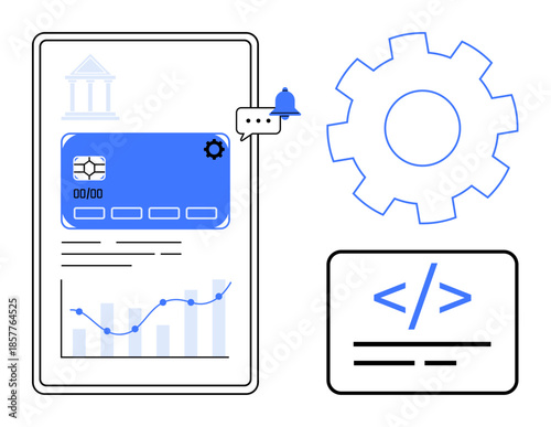 Financial technology, banking apps, coding, digital transformation, fintech tools, online transactions. Smartphone screen with graphs, credit card interface and code snippet. Financial technology