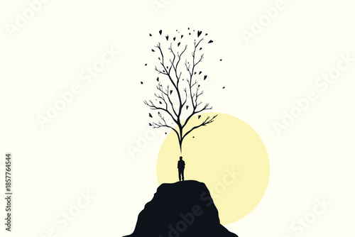 Silhouette of man standing on rock facing floating heart-shaped stone over mountain road, flat vector illustration symbolizing love, relationship choice, risk, courage and emotional decision.