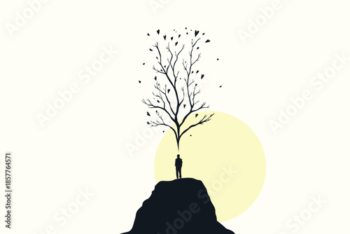 Silhouette of man standing on rock facing floating heart-shaped stone over mountain road, flat vector illustration symbolizing love, relationship choice, risk, courage and emotional decision.