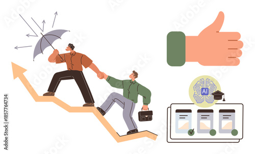 Team leader shielding teammate from challenges with an umbrella on growth arrow, AI-powered tools, and approval gesture signaling progress. Ideal for leadership, teamwork, resilience, guidance