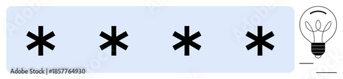 Cybersecurity, authentication, protection, ideas, innovation, and passwords. Four asterisks on a blue background paired with a lightbulb icon. Password security and ideas concept