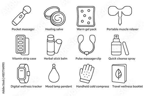 Pendant strip set tracker tin massager relaxer clip vector herbal wellness icon