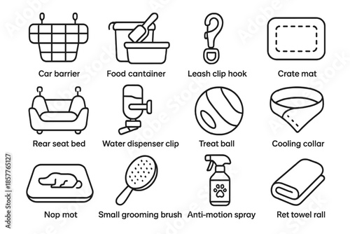 Water barrier scoop bottle road icon food trip hook vector pet towel