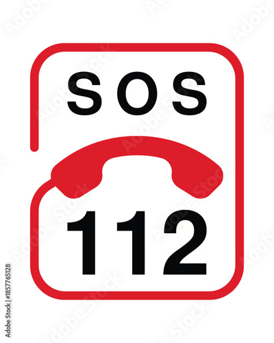 Emergency Contact Sign – SOS 112 with Red Telephone Icon – High Quality Vectorial Stock Image