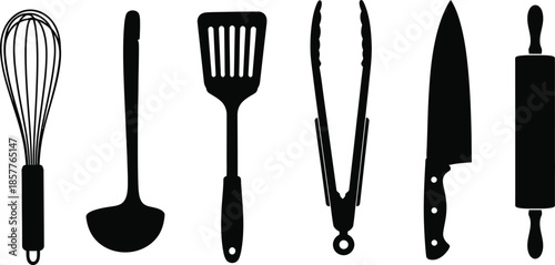 Set of 6 kitchen utensils silhouette whisk ladle spatula tongs knife and rolling pin