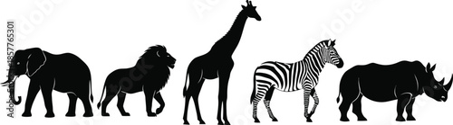 Set of 5 safari animal silhouettes elephant lion giraffe zebra and rhino side view