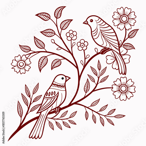 Photography Two birds on a branch with flowers