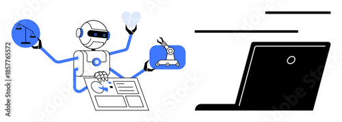 Artificial intelligence, multitasking, robotics, law, digital tools, automation. Robot holding justice scales, heart robot arm and documents near a laptop. AI and multitasking concepts