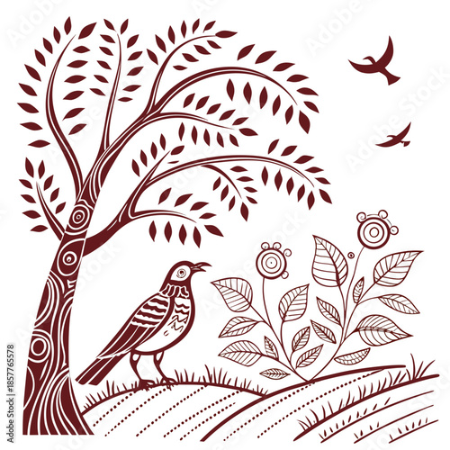 Bird perched on branch with flowers