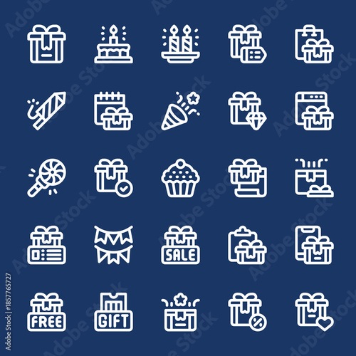 Set of 25 white icons representing gifts, sales, and celebrations, perfect for e-commerce, marketing, and event planning. Includes birthday cake, gift boxes, fireworks, and sale tags
