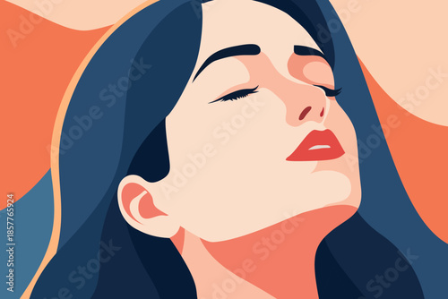 Woman with curly hair meditating in lotus pose on mountain at sunset, flat vector illustration symbolizing yoga, mindfulness, inner peace, spiritual balance and zen relaxation in warm nature.