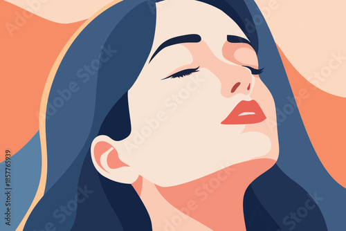Woman with curly hair meditating in lotus pose on mountain at sunset, flat vector illustration symbolizing yoga, mindfulness, inner peace, spiritual balance and zen relaxation in warm nature.