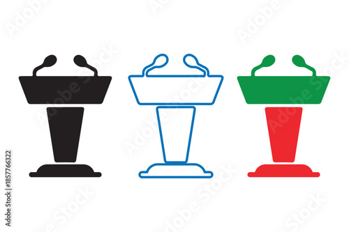 Three podiums with microphones standing in a row on a white background