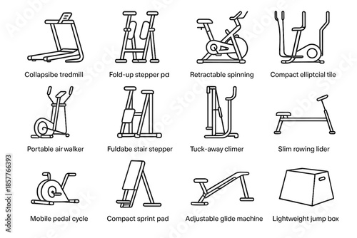 Foldable machines box cycle compact mobile cardio glide stair tile icon vector