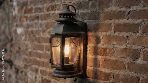Vintage lantern illuminating a weathered brick wall with warm light.