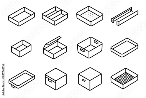 Bin compartment drawer cube icons vector open box hook tool small sliding