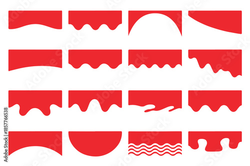 A collection of red graphic shapes against a white background