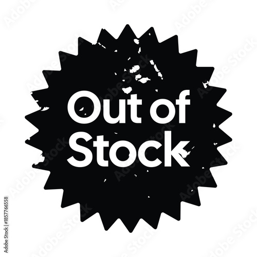Black Distressed Out of Stock Label Badge with Grunge Texture and Starburst Shape for E-commerce Inventory Management and Retail Product Availability Notices - High Vectorial Stock Image