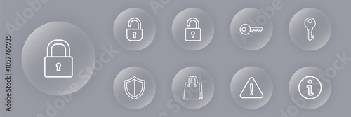 Collection of nine circular icons depicting various security, access, and protection concepts in a