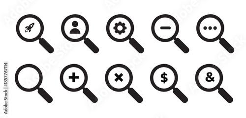 Collection of Simple Black Magnifying Glasses with Various Symbols on a White Background