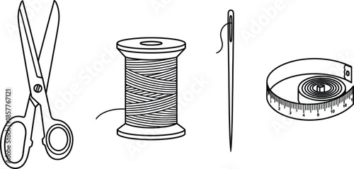 Set of 4 sewing tools outline scissors thread spool needle and tape measure