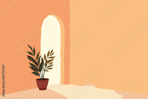Vintage arch door passage with flowers and plants on old wall, warm flat vector illustration of entrance, Mediterranean street, cozy home facade and romantic summer vacation.