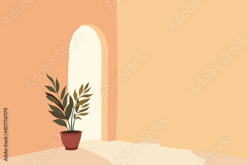 Vintage arch door passage with flowers and plants on old wall, warm flat vector illustration of entrance, Mediterranean street, cozy home facade and romantic summer vacation.