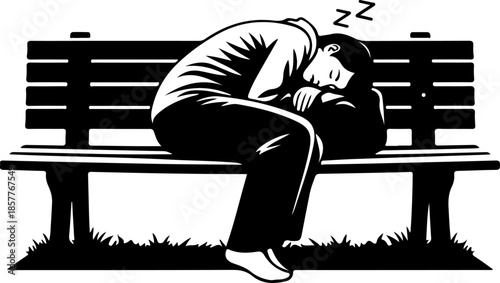 homeless person sleeping on a park bench silhouette vector illustration