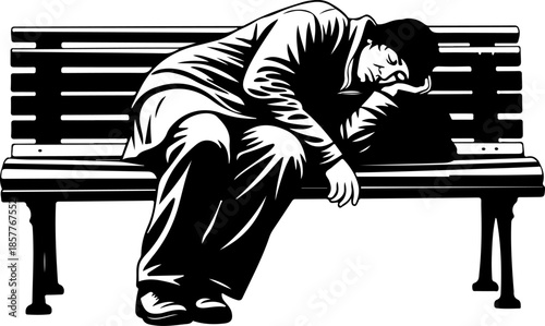 homeless person sleeping on a park bench silhouette vector illustration