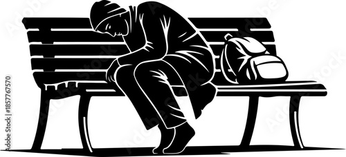 homeless person sleeping on a park bench silhouette vector illustration