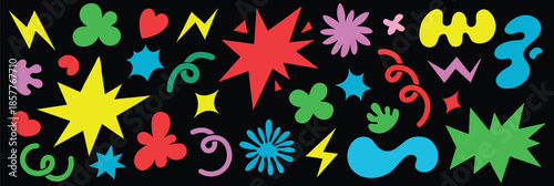 Colorful abstract shapes and decorative elements set featuring stars, hearts, lightning bolts, blobs, splashes, swirls, and playful symbols. Modern vibrant graphic collection ideal for posters, sticke