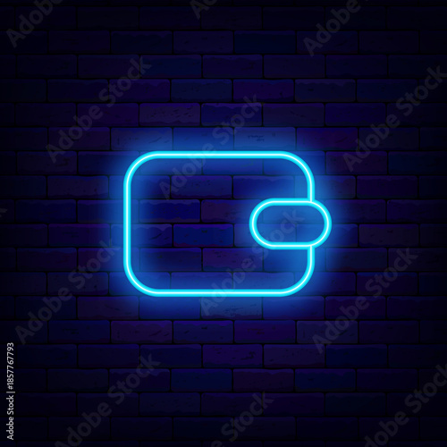 Wallet sign on brick wall. Money saving. Finance concept symbol. Bright flyer. Simple frame. Glowing poster. Editable stroke. Vector stock illustration