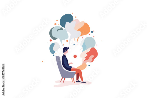 Silhouette of woman in armchair talking with spiritual figure, flat vector illustration symbolizing psychotherapy, psychology, deep conversation, soul healing, guidance and mental health support.