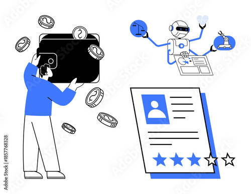 Person handling oversized wallet with coins, AI robot multitasking with gadgets, reviewed resume with star rating. Ideal for finance, automation, recruitment, technology, efficiency, review modern