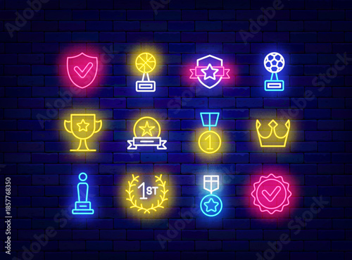 Award neon icons collection. Talent trophy and medal. Winner celebration. First place prize, statue with star. Command competition. Editable stroke. Vector stock illustration
