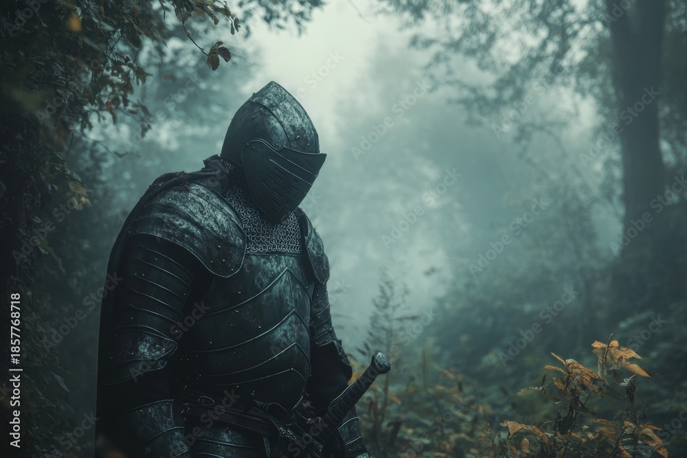 Fototapeta premium Knight in armor standing in a misty forest during early morning light