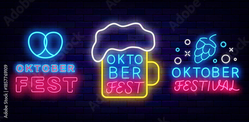 Oktoberfest neon labels collection. Traditional Germany holiday. Alcohol party. October beer event celebration. Shiny greeting card. Light advertisings set. Editable stroke. Vector illustration